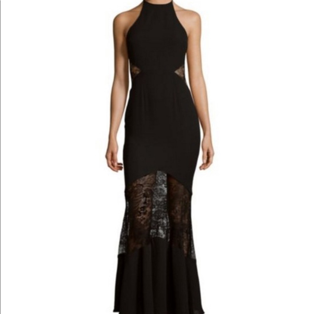 Fame & Partners Black Halter Gown w/ Lace Cut Out